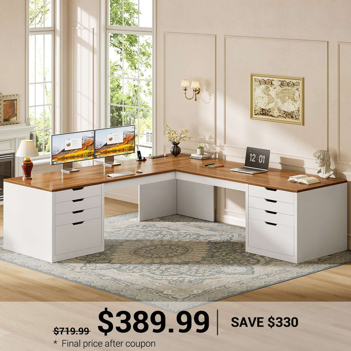 SEDETA 67 Inch L-Shaped Computer Desk with 8 Drawers Power Outlet Corner Home Office Desk with File Drawers 4 AC Outlets USB Type-C Charging Executive Desk with Storage