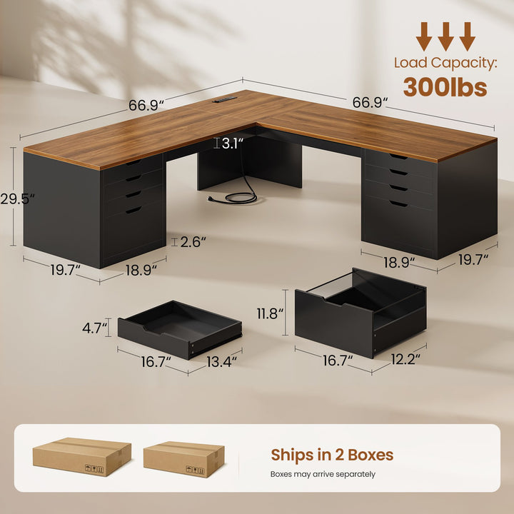 SEDETA® 67 Inch L-Shaped Executive Desk with 8 Drawers Power Outlet Corner Home Office Desk with File Drawers 4 AC Outlets USB Type-C Charging Computer Desk with Storage
