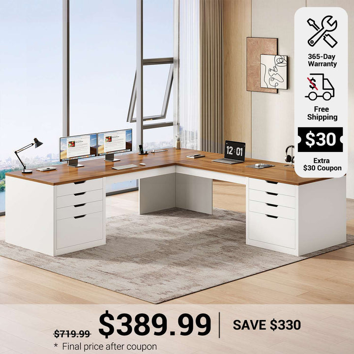 SEDETA 67 Inch L-Shaped Computer Desk with 8 Drawers Power Outlet Corner Home Office Desk with File Drawers 4 AC Outlets USB Type-C Charging Executive Desk with Storage