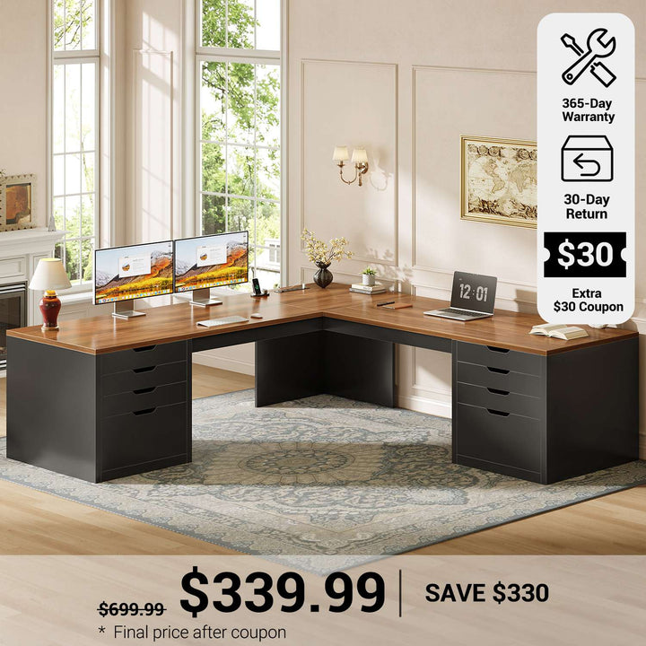SEDETA® 67 Inch L-Shaped Executive Desk with 8 Drawers Power Outlet Corner Home Office Desk with File Drawers 4 AC Outlets USB Type-C Charging Computer Desk with Storage
