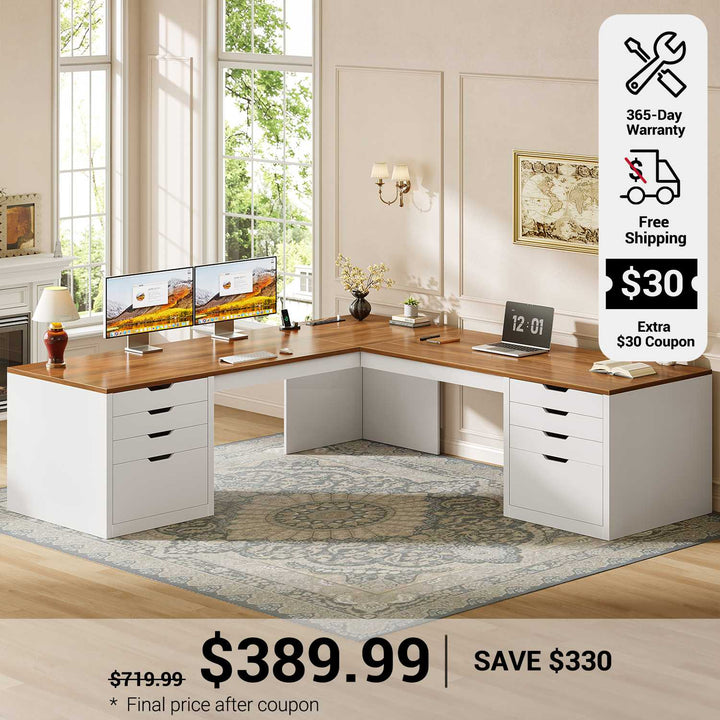 SEDETA 67 Inch L-Shaped Computer Desk with 8 Drawers Power Outlet Corner Home Office Desk with File Drawers 4 AC Outlets USB Type-C Charging Executive Desk with Storage