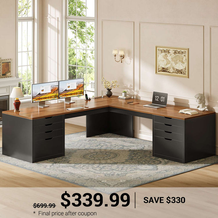 SEDETA® 67 Inch L-Shaped Executive Desk with 8 Drawers Power Outlet Corner Home Office Desk with File Drawers 4 AC Outlets USB Type-C Charging Computer Desk with Storage