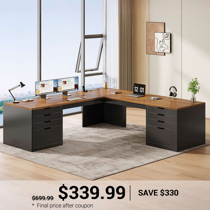 SEDETA® 67 Inch L-Shaped Executive Desk with 8 Drawers Power Outlet Corner Home Office Desk with File Drawers 4 AC Outlets USB Type-C Charging Computer Desk with Storage