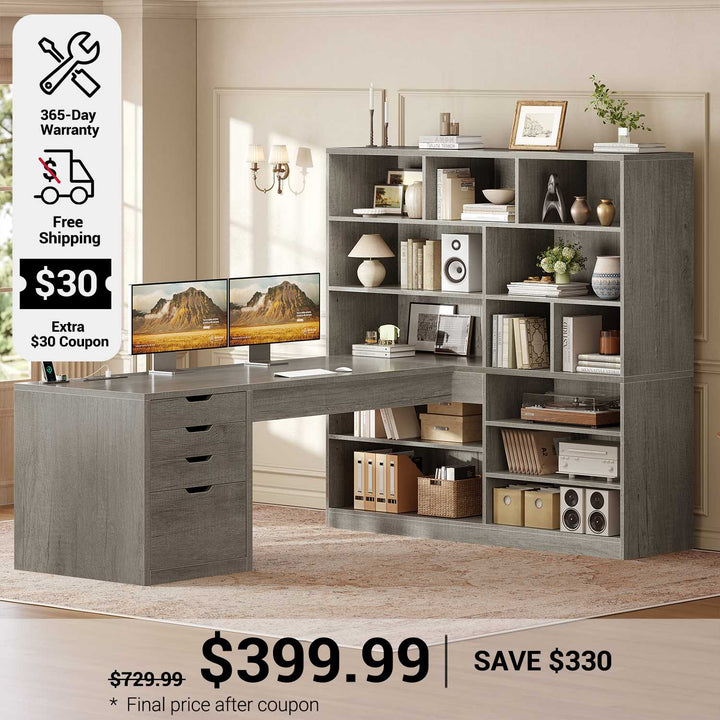 SEDETA 68.9 Inch L Shaped Computer Desk with Bookshelf 4 Drawers Executive Desk with File Cabinet Storage Shelves Corner Desk with Power Outlet for Home Office