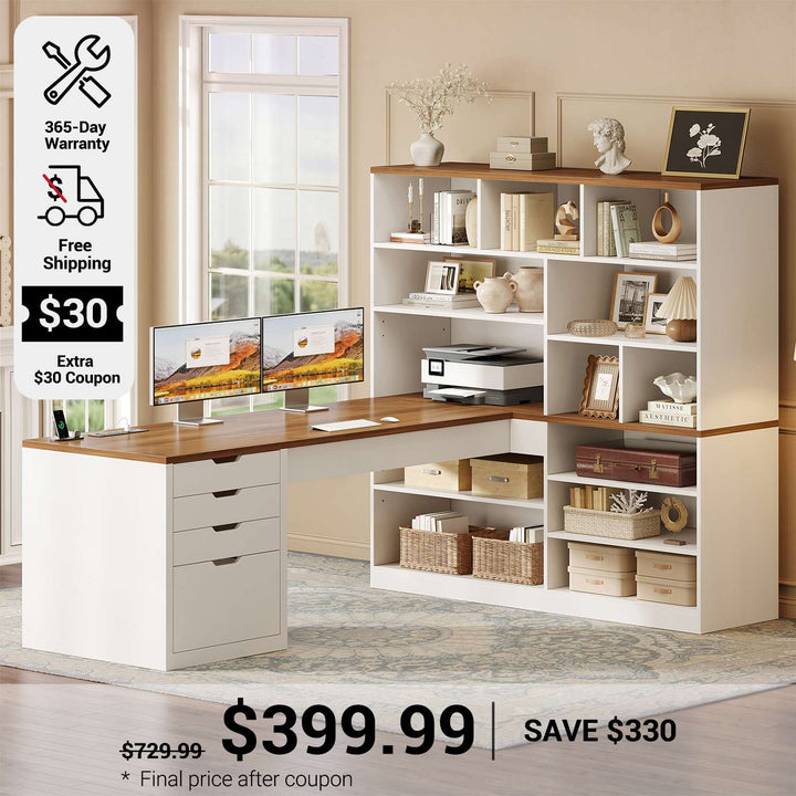 SEDETA 68.9 Inch L Shaped Computer Desk with Bookshelf 4 Drawers Executive Desk with File Cabinet Storage Shelves Corner Desk with Power Outlet for Home Office
