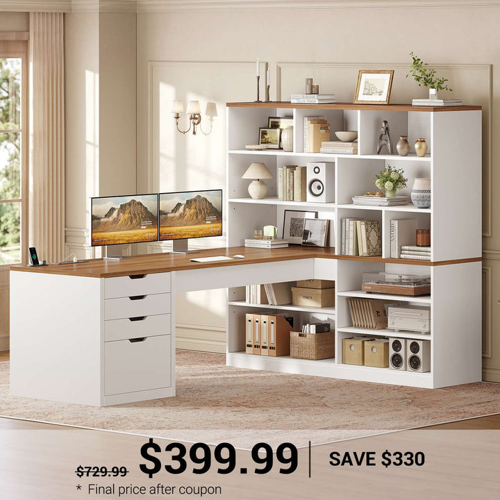 SEDETA 68.9 Inch L Shaped Computer Desk with Bookshelf 4 Drawers Executive Desk with File Cabinet Storage Shelves Corner Desk with Power Outlet for Home Office