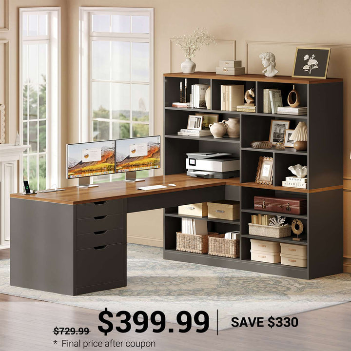 SEDETA 68.9 Inch L Shaped Computer Desk with Bookshelf 4 Drawers Executive Desk with File Cabinet Storage Shelves Corner Desk with Power Outlet for Home Office