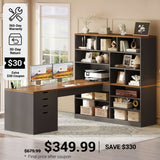 SEDETA® 68.9 Inch L Shaped Executive Desk with Bookshelf 4 Drawers  Computer Desk with File Cabinet Storage Shelves Corner Desk with Power Outlet for Home Office