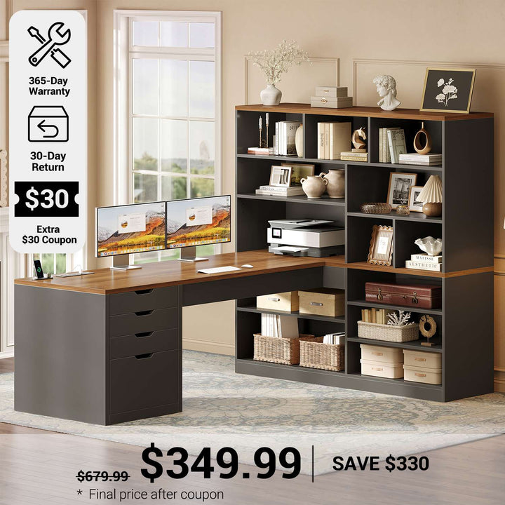 SEDETA® 68.9 Inch L Shaped Executive Desk with Bookshelf 4 Drawers  Computer Desk with File Cabinet Storage Shelves Corner Desk with Power Outlet for Home Office