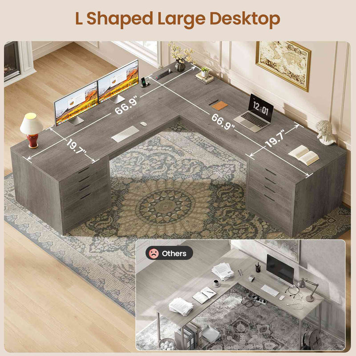 SEDETA® 67 Inch L-Shaped Executive Desk with 8 Drawers Power Outlet Corner Home Office Desk with File Drawers 4 AC Outlets USB Type-C Charging Computer Desk with Storage