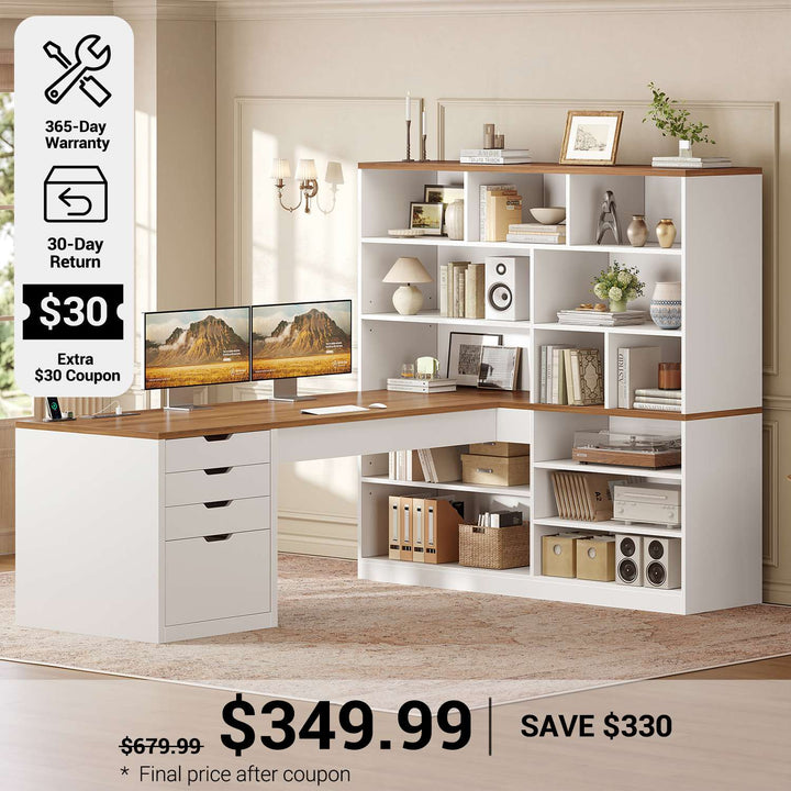 SEDETA® 68.9 Inch L Shaped Executive Desk with Bookshelf 4 Drawers  Computer Desk with File Cabinet Storage Shelves Corner Desk with Power Outlet for Home Office