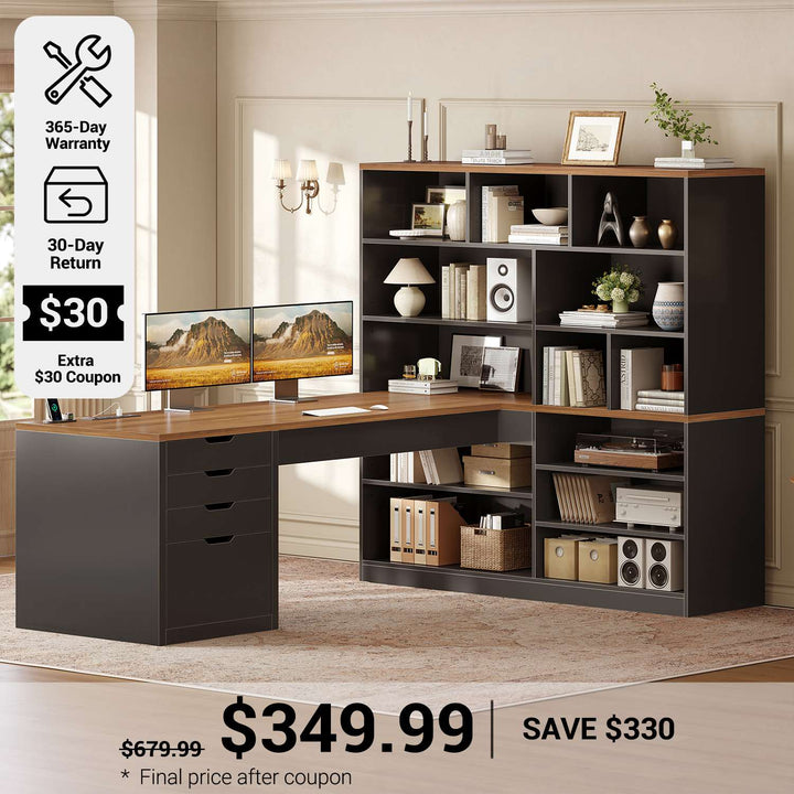 SEDETA® 68.9 Inch L Shaped Executive Desk with Bookshelf 4 Drawers  Computer Desk with File Cabinet Storage Shelves Corner Desk with Power Outlet for Home Office