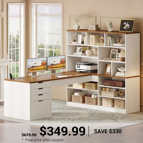 SEDETA | 68.9 Inch L Shaped Home Office Desk with Bookshelf 4 Drawers  Computer Desk with File Cabinet Storage Shelves Corner Desk with Power Outlet for Home Office