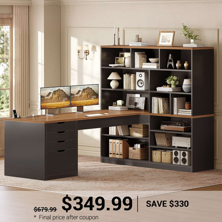 SEDETA® 68.9 Inch L Shaped Executive Desk with Bookshelf 4 Drawers  Computer Desk with File Cabinet Storage Shelves Corner Desk with Power Outlet for Home Office