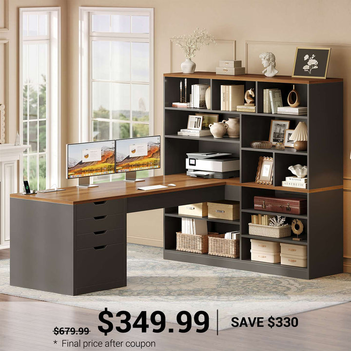 SEDETA® 68.9 Inch L Shaped Executive Desk with Bookshelf 4 Drawers  Computer Desk with File Cabinet Storage Shelves Corner Desk with Power Outlet for Home Office