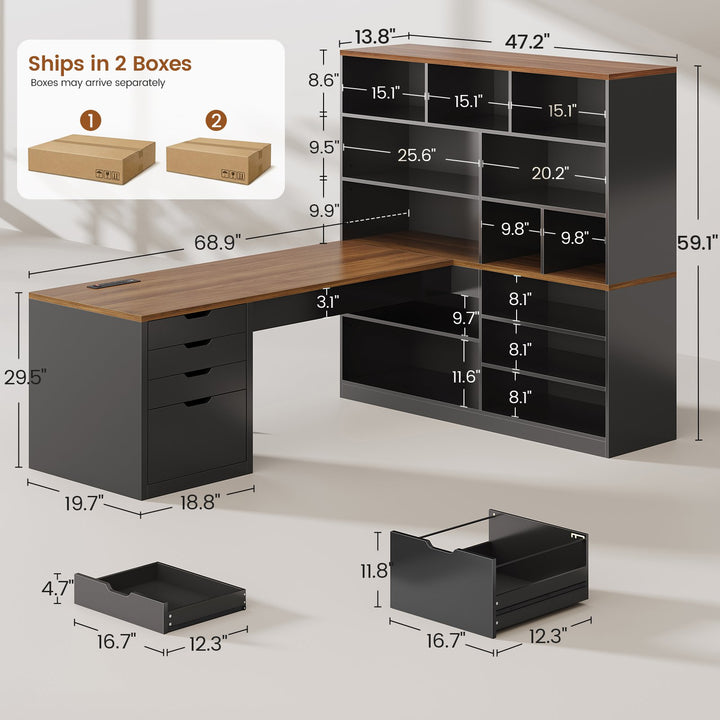 SEDETA® 68.9 Inch L Shaped Executive Desk with Bookshelf 4 Drawers  Computer Desk with File Cabinet Storage Shelves Corner Desk with Power Outlet for Home Office