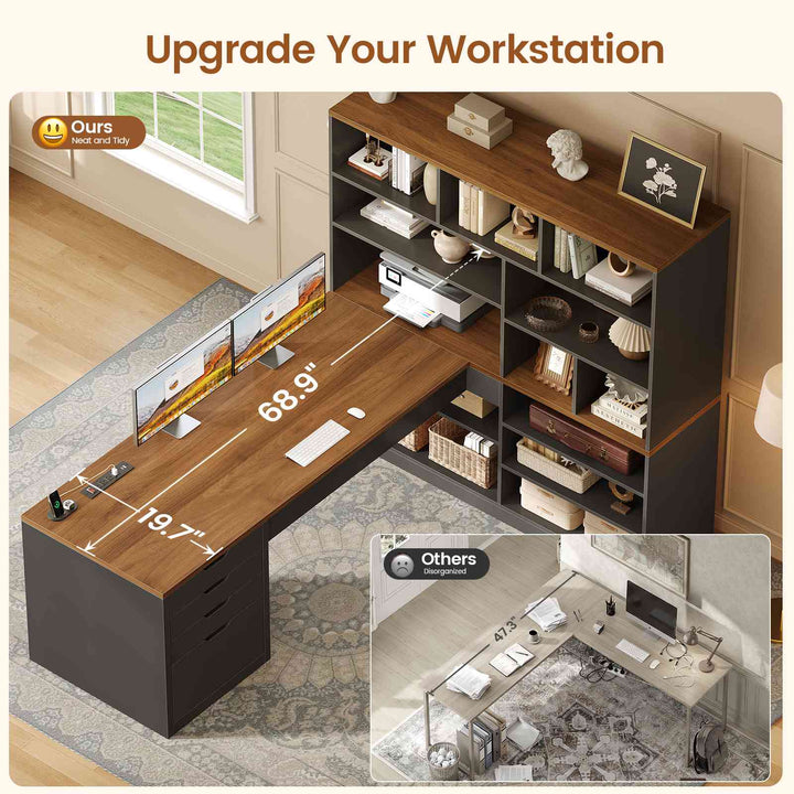 SEDETA® 68.9 Inch L Shaped Executive Desk with Bookshelf 4 Drawers  Computer Desk with File Cabinet Storage Shelves Corner Desk with Power Outlet for Home Office