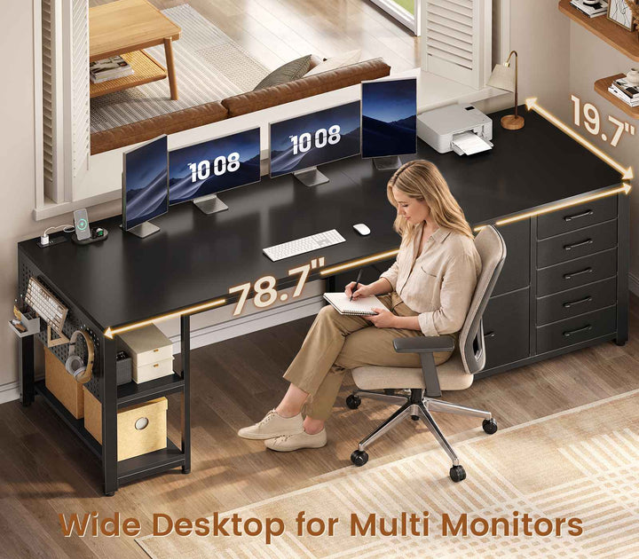 SEDETA 78.7 Inch Computer Desk with 7 Drawers Long Office Desk with Pegboard and Adjustable Storage Gaming Desk with Power Outlet and USB-C Port Large Desk for Home Office Living Room