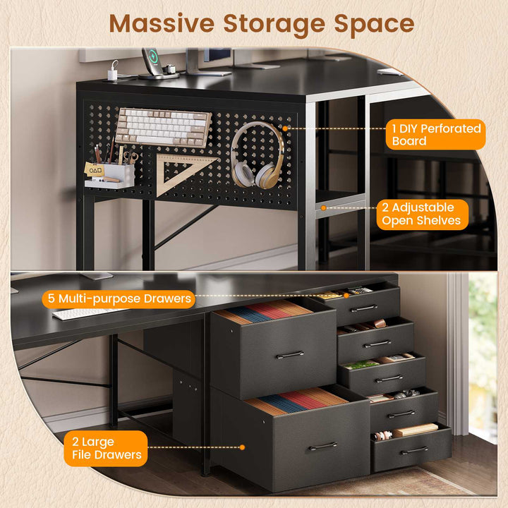 SEDETA 78.7 Inch Computer Desk with 7 Drawers Long Office Desk with Pegboard and Adjustable Storage Gaming Desk with Power Outlet and USB-C Port Large Desk for Home Office Living Room