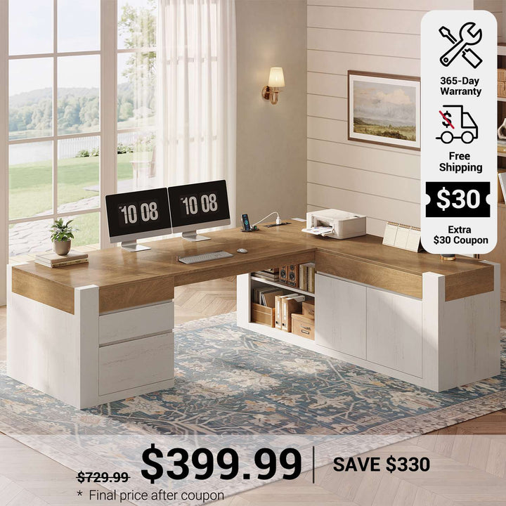SEDETA 70.1 Inch Farmhouse Executive L Shaped Desk with Drawers Large Office Computer Desk with File Drawers Adjustable Storage Cabinet Power Outlet Modern L Desk for Home Office