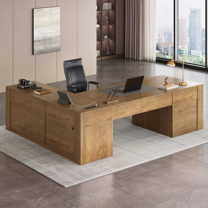 SEDETA 70.1 Inch Farmhouse Executive L Shaped Desk with Drawers Large Office Computer Desk with File Drawers Adjustable Storage Cabinet Power Outlet Modern L Desk for Home Office