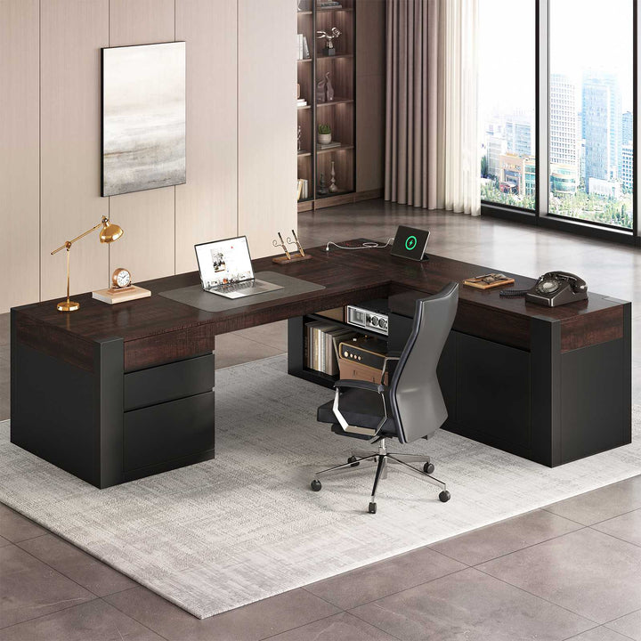 SEDETA 70.1 Inch Farmhouse Executive L Shaped Desk with Drawers Large Office Computer Desk with File Drawers Adjustable Storage Cabinet Power Outlet Modern L Desk for Home Office