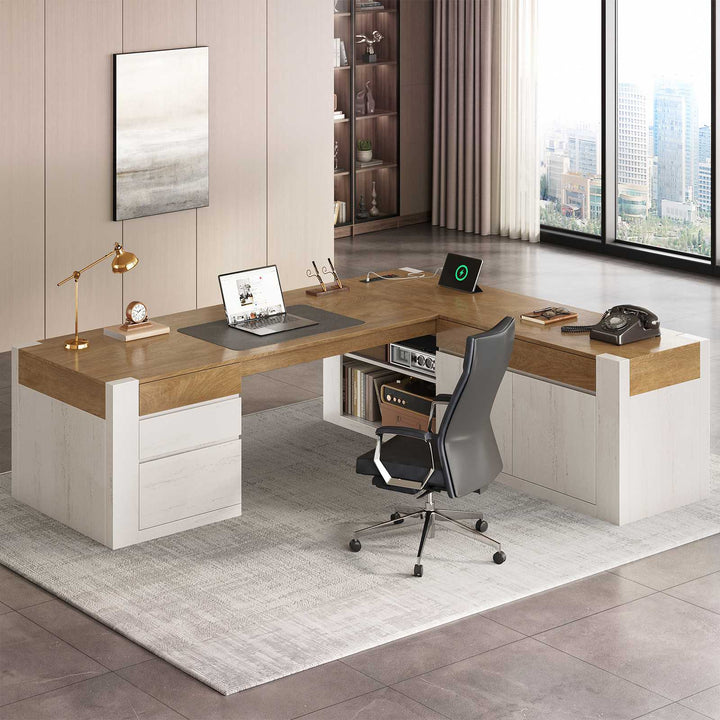 SEDETA 70.1 Inch Farmhouse Executive L Shaped Desk with Drawers Large Office Computer Desk with File Drawers Adjustable Storage Cabinet Power Outlet Modern L Desk for Home Office
