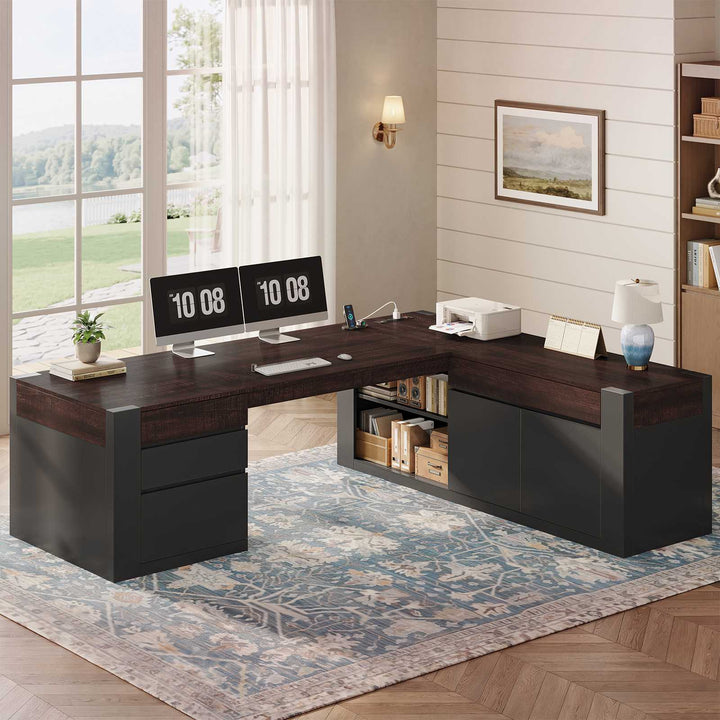 SEDETA 70.1 Inch Farmhouse Executive L Shaped Desk with Drawers Large Office Computer Desk with File Drawers Adjustable Storage Cabinet Power Outlet Modern L Desk for Home Office
