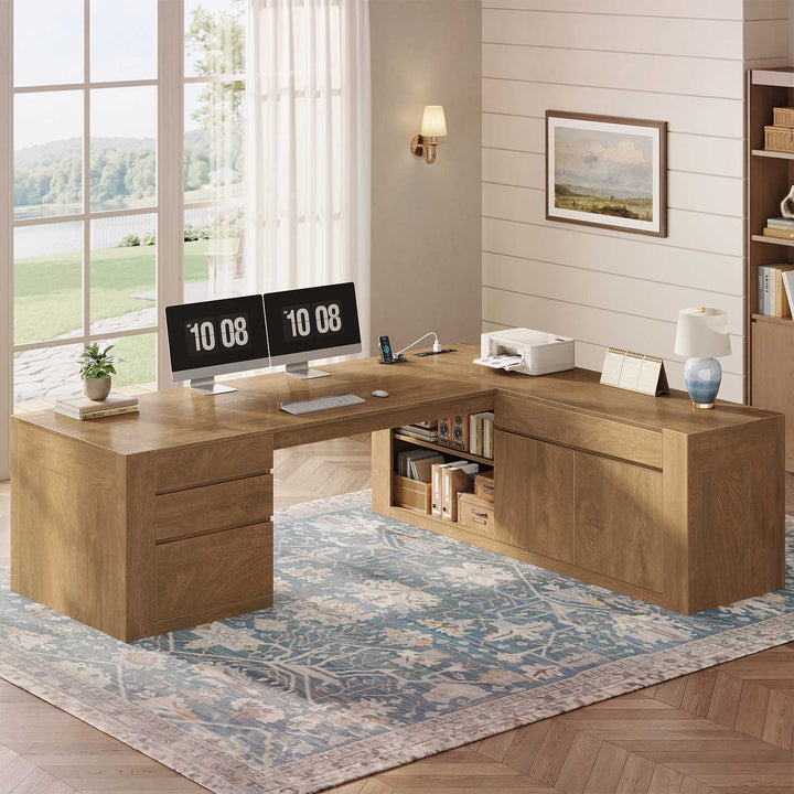 SEDETA 70.1 Inch Farmhouse Executive L Shaped Desk with Drawers Large Office Computer Desk with File Drawers Adjustable Storage Cabinet Power Outlet Modern L Desk for Home Office