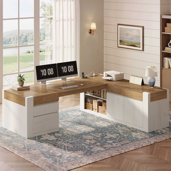 SEDETA 70.1 Inch Farmhouse Executive L Shaped Desk with Drawers Large Office Computer Desk with File Drawers Adjustable Storage Cabinet Power Outlet Modern L Desk for Home Office