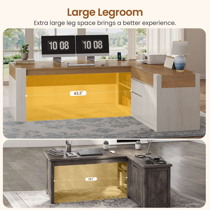 SEDETA 63 Inch Farmhouse Executive L Shaped Desk with Drawers Corner Computer Desk with File Drawers Office Desk with Storage Cabinet Power Outlet Modern L Desk for Home Office