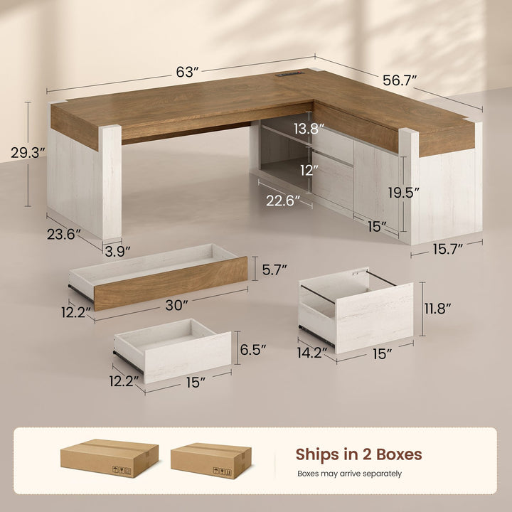 SEDETA 63 Inch Farmhouse Executive L Shaped Desk with Drawers Corner Computer Desk with File Drawers Office Desk with Storage Cabinet Power Outlet Modern L Desk for Home Office