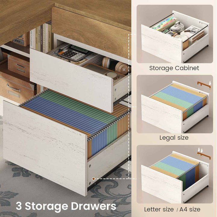 SEDETA 63 Inch Farmhouse Executive L Shaped Desk with Drawers Corner Computer Desk with File Drawers Office Desk with Storage Cabinet Power Outlet Modern L Desk for Home Office