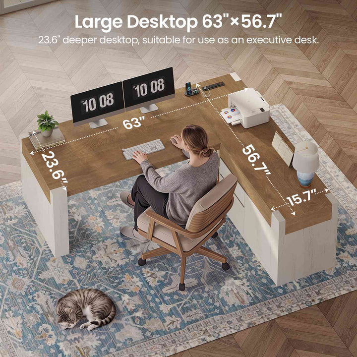 SEDETA 63 Inch Farmhouse Executive L Shaped Desk with Drawers Corner Computer Desk with File Drawers Office Desk with Storage Cabinet Power Outlet Modern L Desk for Home Office