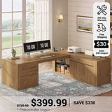 SEDETA 70.1 Inch Farmhouse Executive L Shaped Desk with Drawers Large Office Computer Desk with File Drawers Adjustable Storage Cabinet Power Outlet Modern L Desk for Home Office