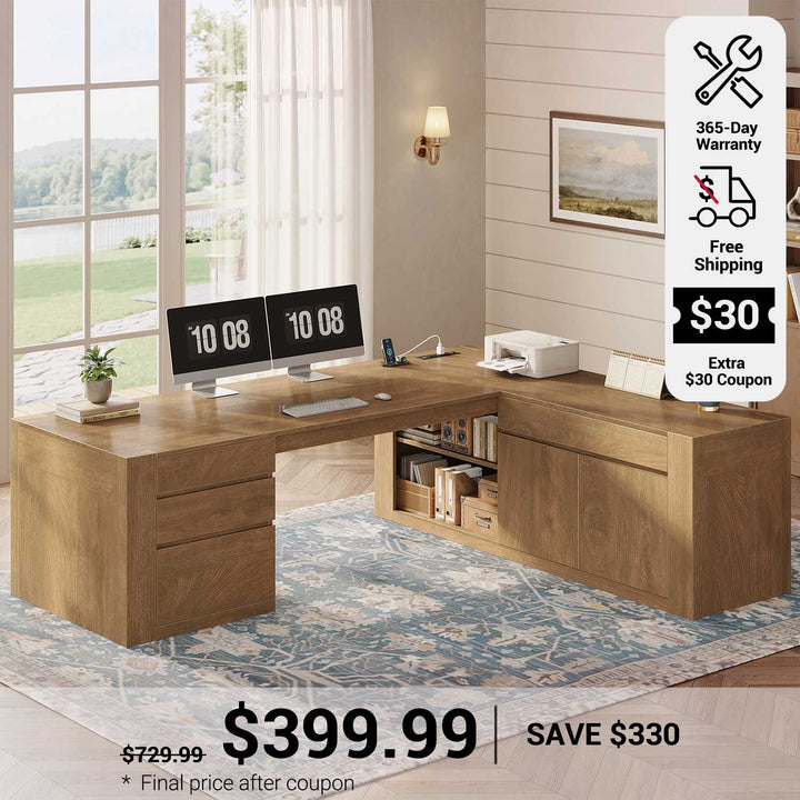 SEDETA 70.1 Inch Farmhouse Executive L Shaped Desk with Drawers Large Office Computer Desk with File Drawers Adjustable Storage Cabinet Power Outlet Modern L Desk for Home Office