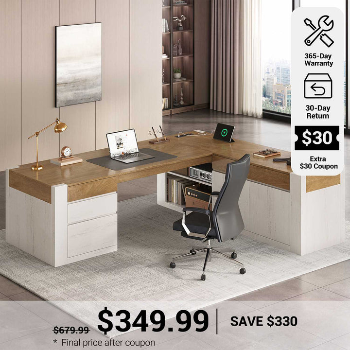 SEDETA® 70.1 Inch Large Office Computer Desk with Drawers Farmhouse Executive L Shaped Desk with File Drawers Adjustable Storage Cabinet Power Outlet Modern L Desk for Home Office