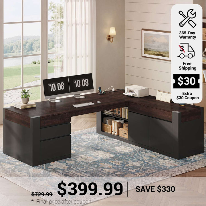 SEDETA 70.1 Inch Farmhouse Executive L Shaped Desk with Drawers Large Office Computer Desk with File Drawers Adjustable Storage Cabinet Power Outlet Modern L Desk for Home Office