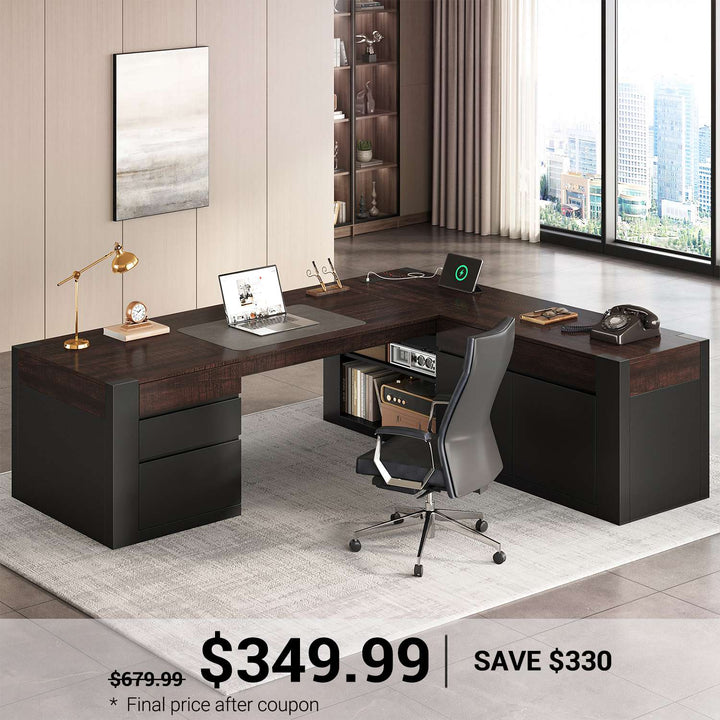SEDETA | 70.1 Inch Home Office Desk with Drawers Farmhouse Executive L Shaped Desk with File Drawers Adjustable Storage Cabinet Power Outlet Modern L Desk for Home Office