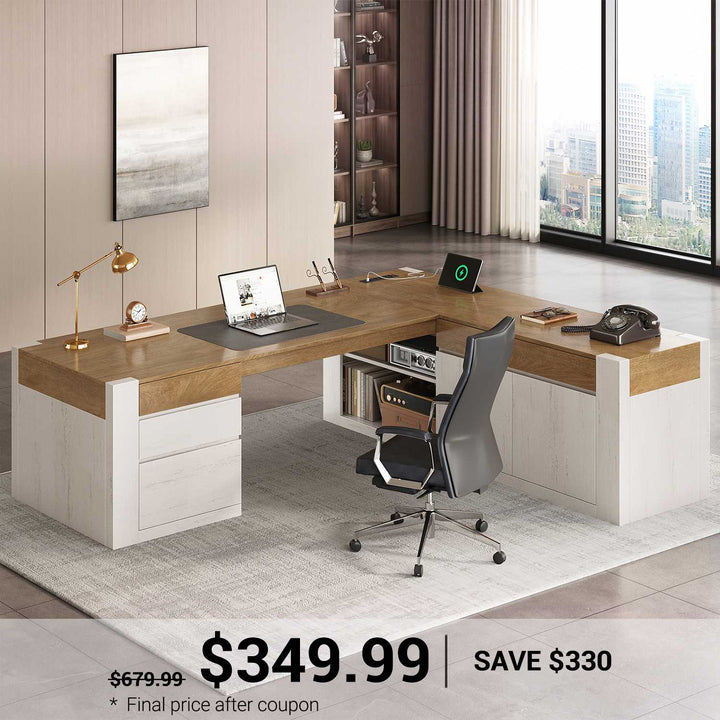 SEDETA | 70.1 Inch Home Office Desk with Drawers Farmhouse Executive L Shaped Desk with File Drawers Adjustable Storage Cabinet Power Outlet Modern L Desk for Home Office