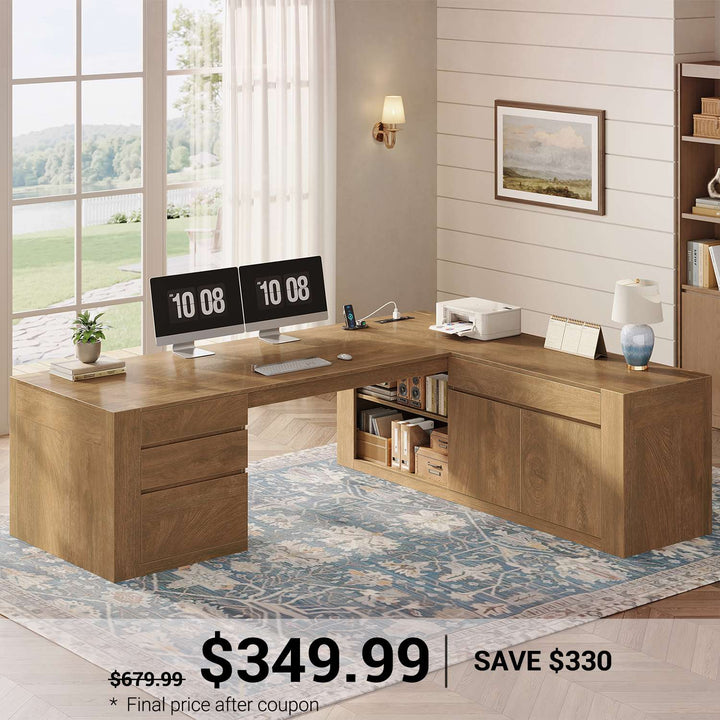 SEDETA | 70.1 Inch Home Office Desk with Drawers Farmhouse Executive L Shaped Desk with File Drawers Adjustable Storage Cabinet Power Outlet Modern L Desk for Home Office