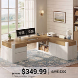 SEDETA | 70.1 Inch Home Office Desk with Drawers Farmhouse Executive L Shaped Desk with File Drawers Adjustable Storage Cabinet Power Outlet Modern L Desk for Home Office