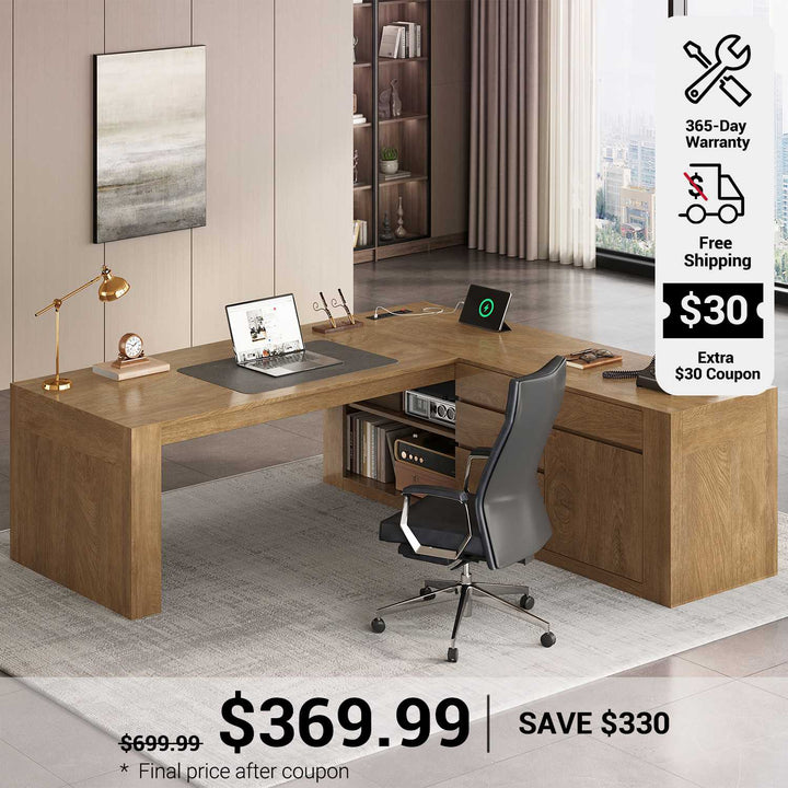 SEDETA 63 Inch Farmhouse Executive L Shaped Desk with Drawers Corner Computer Desk with File Drawers Office Desk with Storage Cabinet Power Outlet Modern L Desk for Home Office