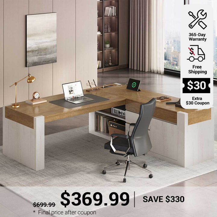 SEDETA 63 Inch Farmhouse Executive L Shaped Desk with Drawers Corner Computer Desk with File Drawers Office Desk with Storage Cabinet Power Outlet Modern L Desk for Home Office