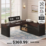 SEDETA 63 Inch Farmhouse Executive L Shaped Desk with Drawers Corner Computer Desk with File Drawers Office Desk with Storage Cabinet Power Outlet Modern L Desk for Home Office