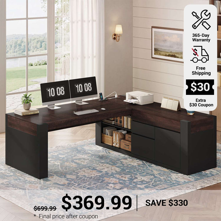 SEDETA 63 Inch Farmhouse Executive L Shaped Desk with Drawers Corner Computer Desk with File Drawers Office Desk with Storage Cabinet Power Outlet Modern L Desk for Home Office