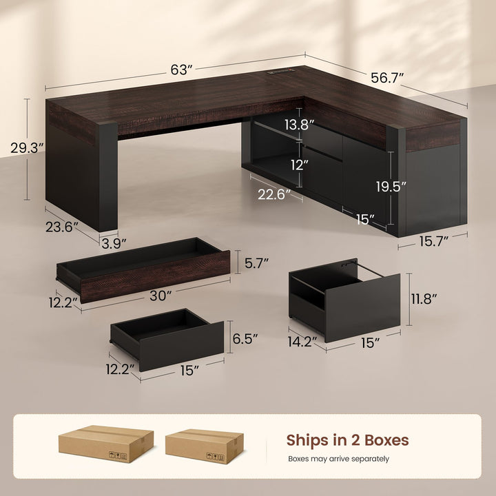 SEDETA 63 Inch Farmhouse Executive L Shaped Desk with Drawers Corner Computer Desk with File Drawers Office Desk with Storage Cabinet Power Outlet Modern L Desk for Home Office