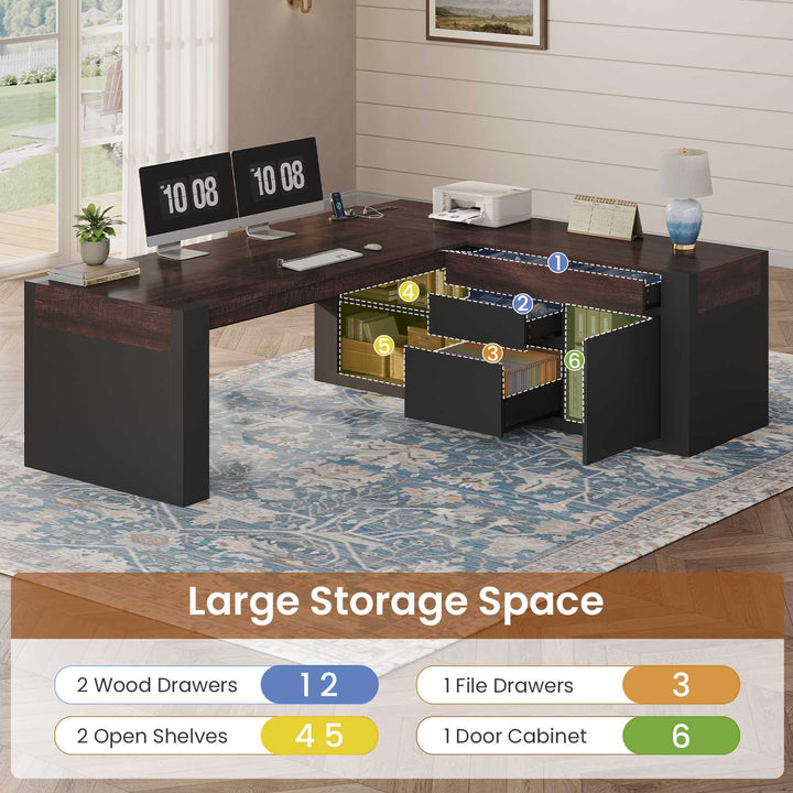 SEDETA 63 Inch Farmhouse Executive L Shaped Desk with Drawers Corner Computer Desk with File Drawers Office Desk with Storage Cabinet Power Outlet Modern L Desk for Home Office