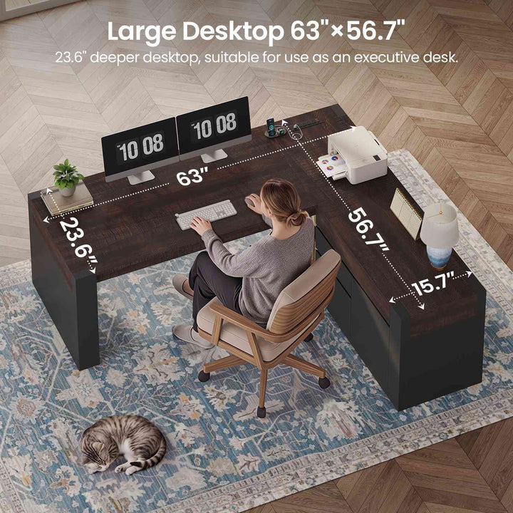 SEDETA 63 Inch Farmhouse Executive L Shaped Desk with Drawers Corner Computer Desk with File Drawers Office Desk with Storage Cabinet Power Outlet Modern L Desk for Home Office