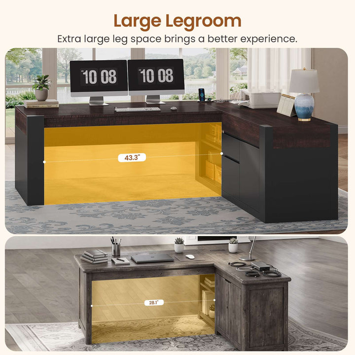 SEDETA 63 Inch Farmhouse Executive L Shaped Desk with Drawers Corner Computer Desk with File Drawers Office Desk with Storage Cabinet Power Outlet Modern L Desk for Home Office